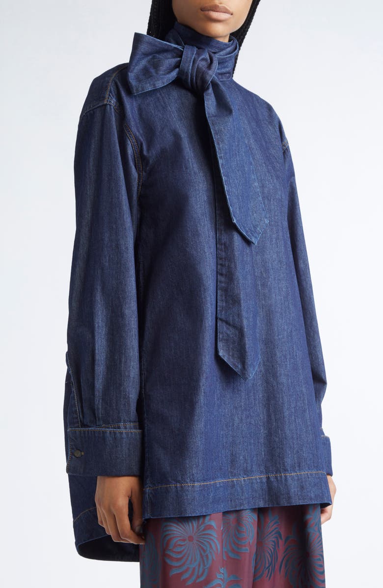 Dries Van Noten Chaddy Pussy Bow Denim Shirt, Alternate, color, Indigo