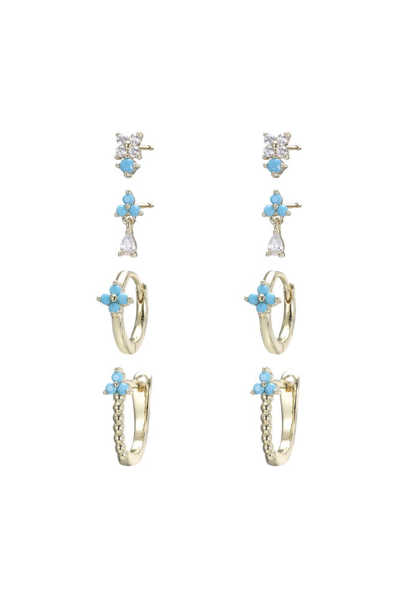 Colored Flower Stud & Huggie Earring Combo Set, Main, color, Turquoise