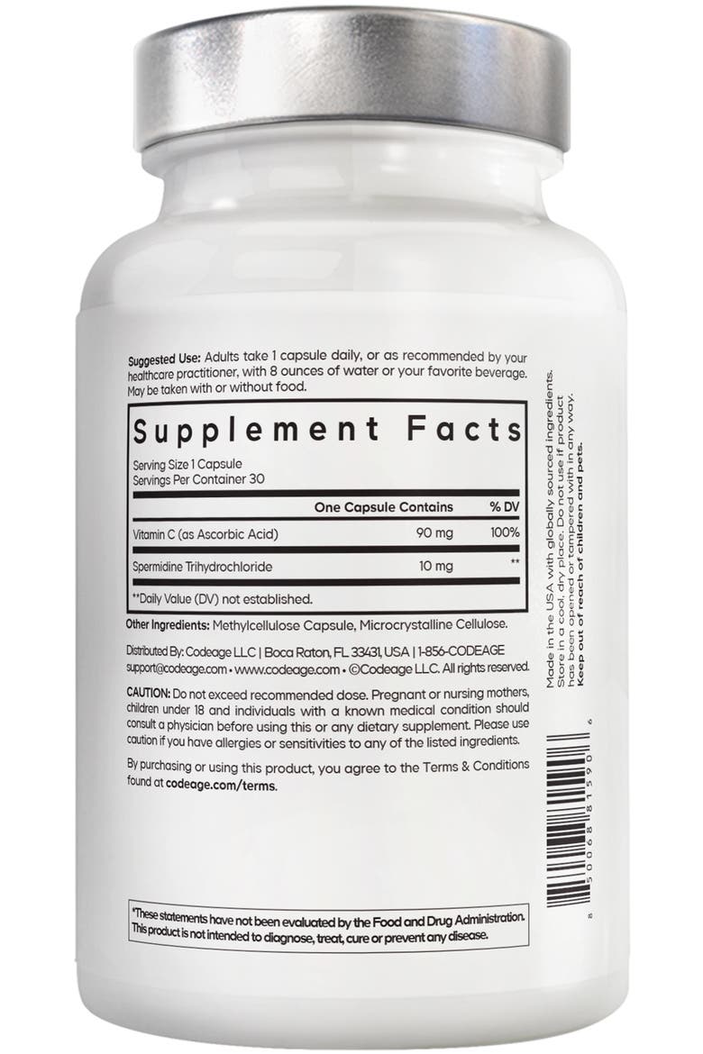Spermidine Supplement, Spermidine HCl, Vitamin C Ascorbic Acid, Alternate, color, White