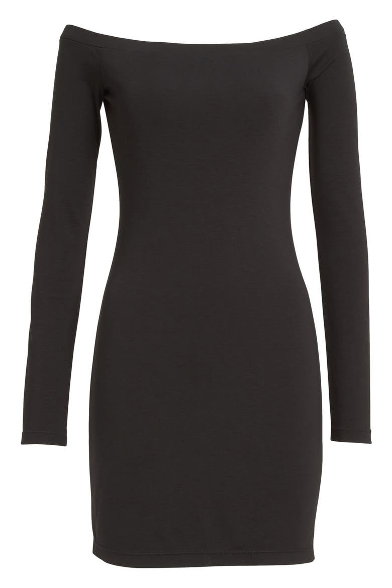 T by Alexander Wang 'The Lux' Ponte Knit Off the Shoulder Sheath Dress, Main, color, BLACK