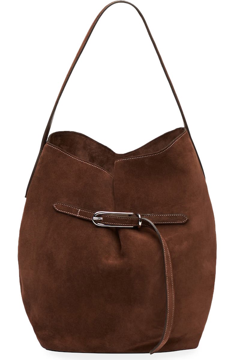 LIFFNER Large Belted Suede Bucket Bag, Main, color, Dark Brown