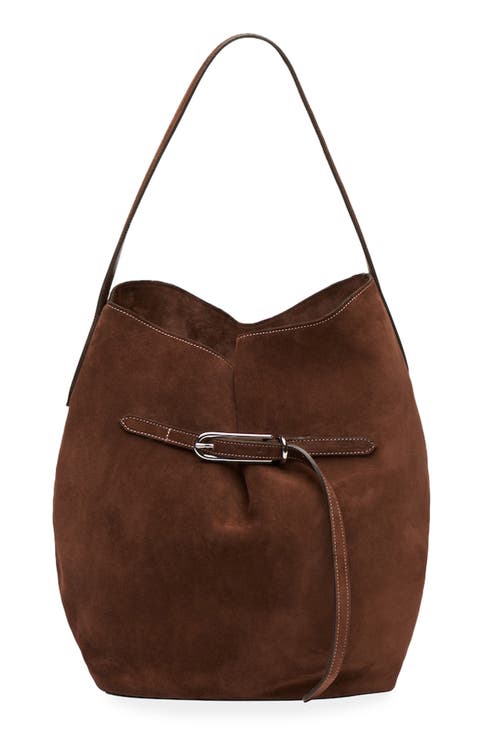 Large Belted Suede Bucket Bag
