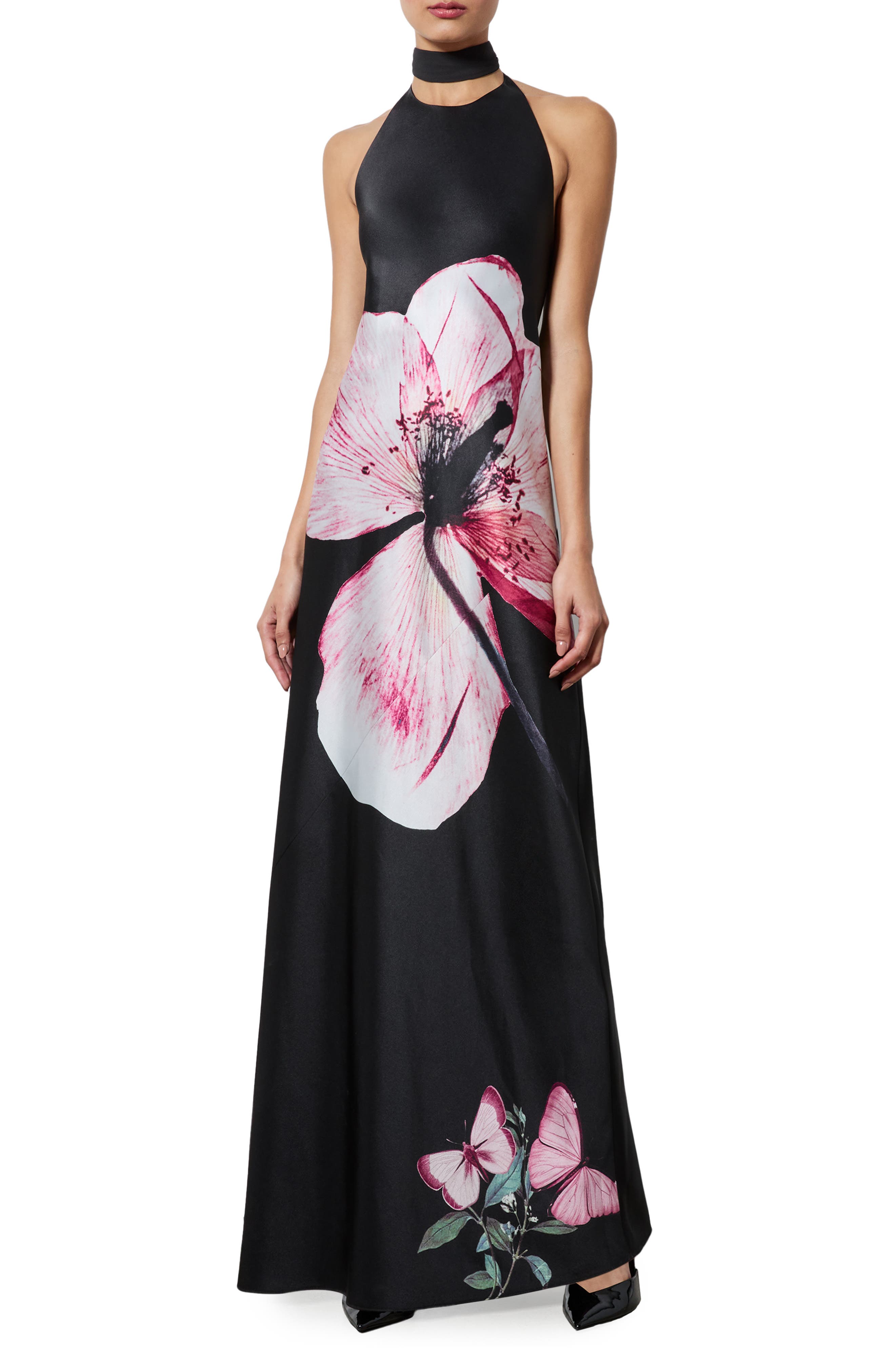 ALICE + OLIVIA Montana Open Back Halter Gown with Scarf (Women ...