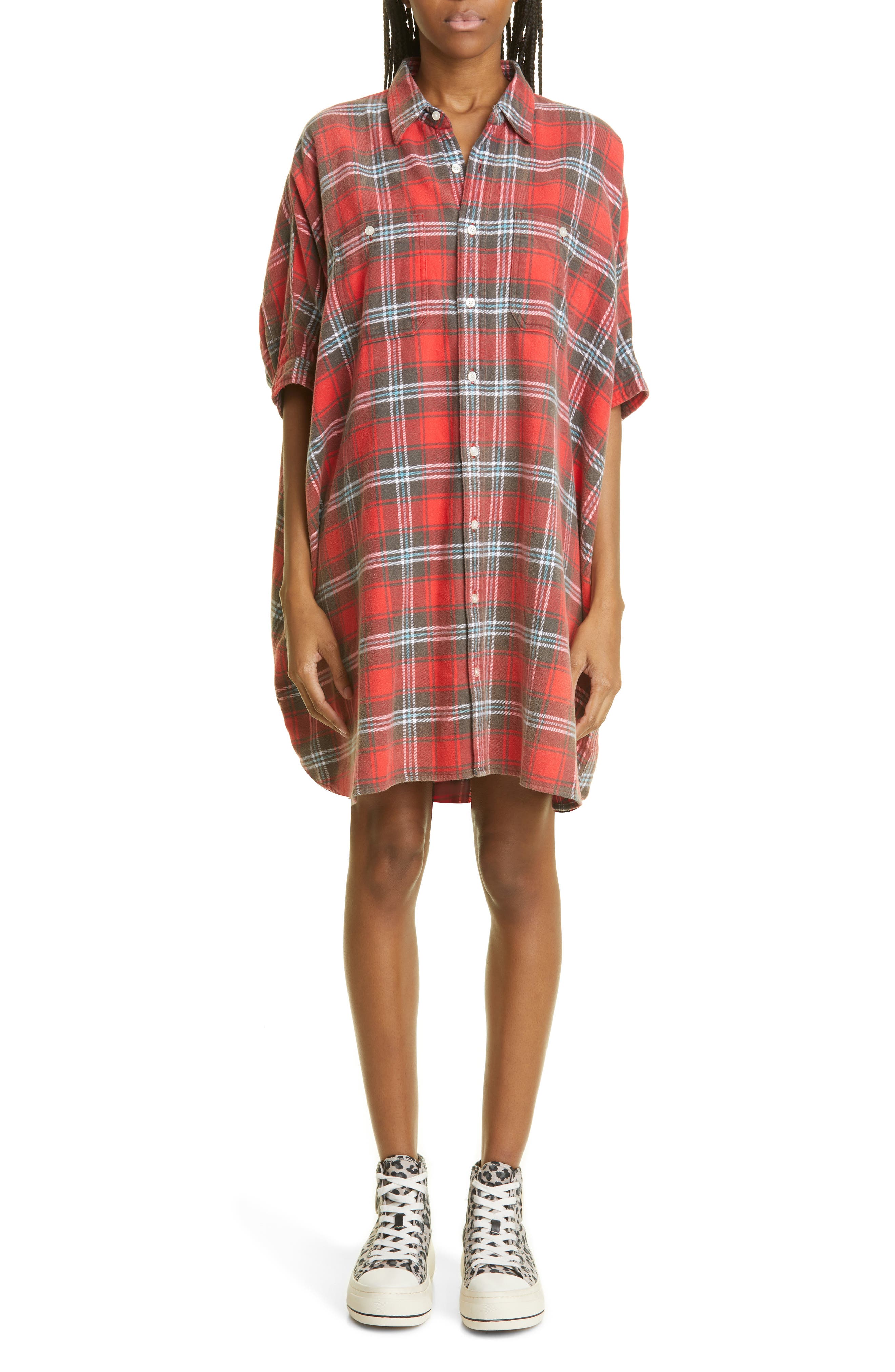R13 Plaid Oversize Cotton Flannel Shirtdress