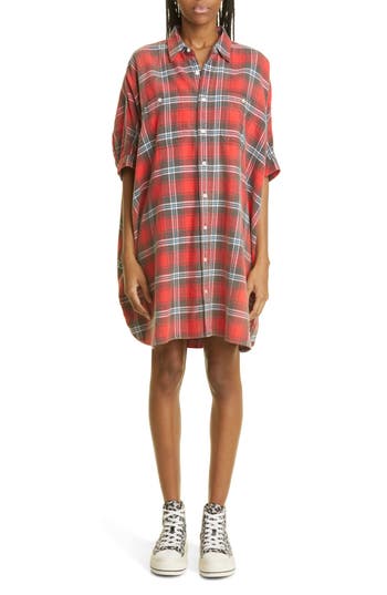 R13 Plaid Oversize Cotton Flannel Shirtdress In Red