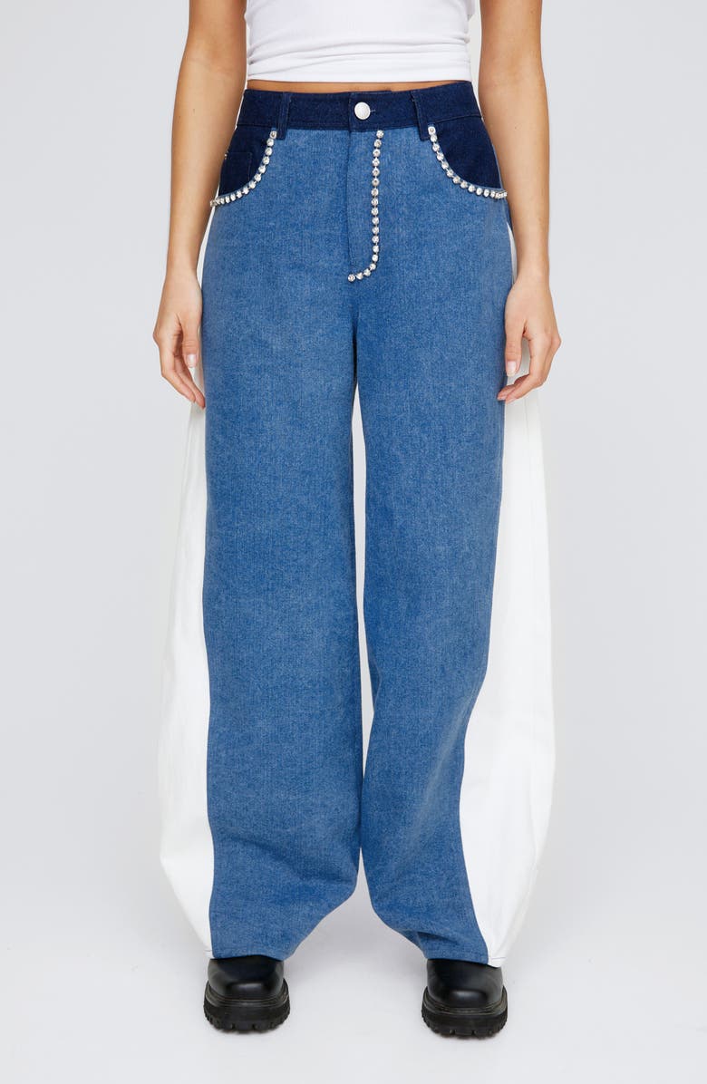 NASTY GAL Diamante Trim Colorblock Jeans, Alternate, color, 