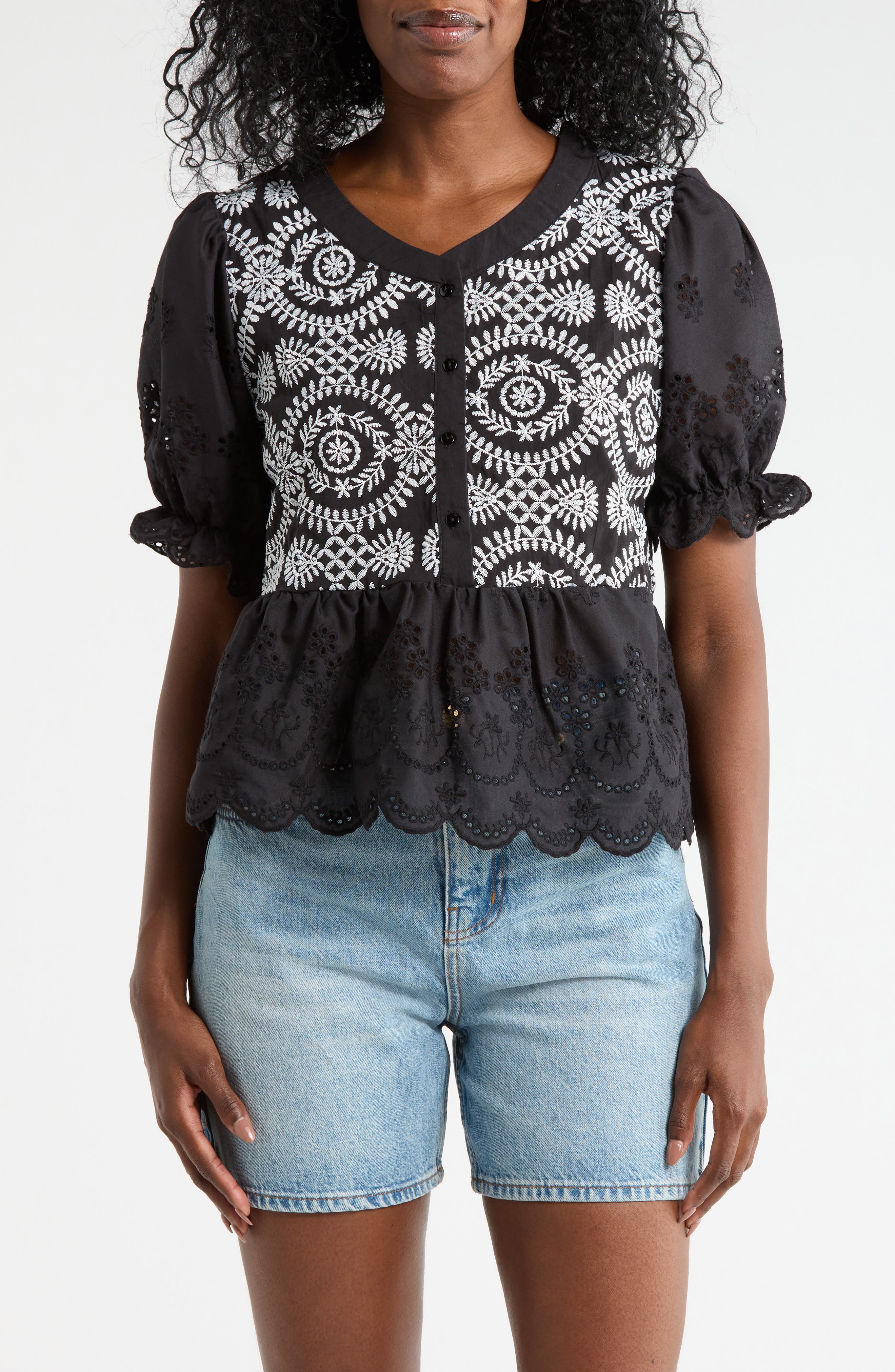 Forgotten Grace Eyelet Embroidered Short Sleeve Button-Up Shirt