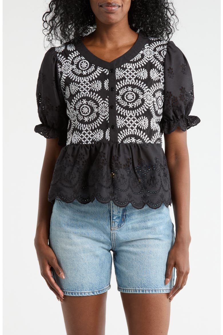 Eyelet Embroidered Short Sleeve Button-Up Shirt, Main, color, BLACK/ WHITE