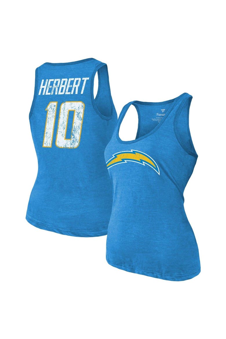 Women's Majestic Threads Justin Herbert Heathered Powder Blue Los Angeles Chargers Name & Number Tri-Blend Tank Top, Main, color, Powder Blue
