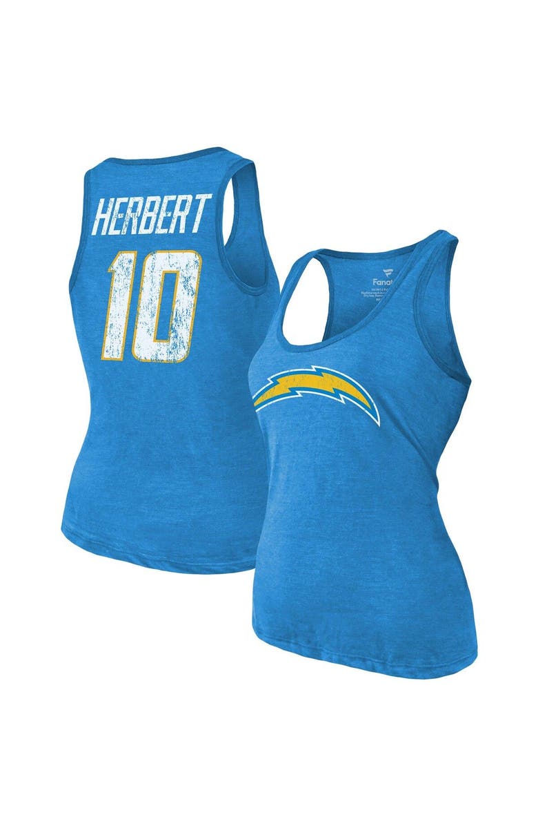 Majestic Threads Women's Majestic Threads Justin Herbert Heathered Powder Blue Los Angeles Chargers Name & Number Tri-Blend Tank Top, Main, color, Powder Blue