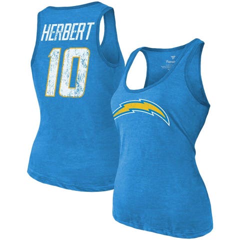 Women's Majestic Threads Justin Herbert Heathered Powder Blue Los Angeles Chargers Name & Number Tri-Blend Tank Top