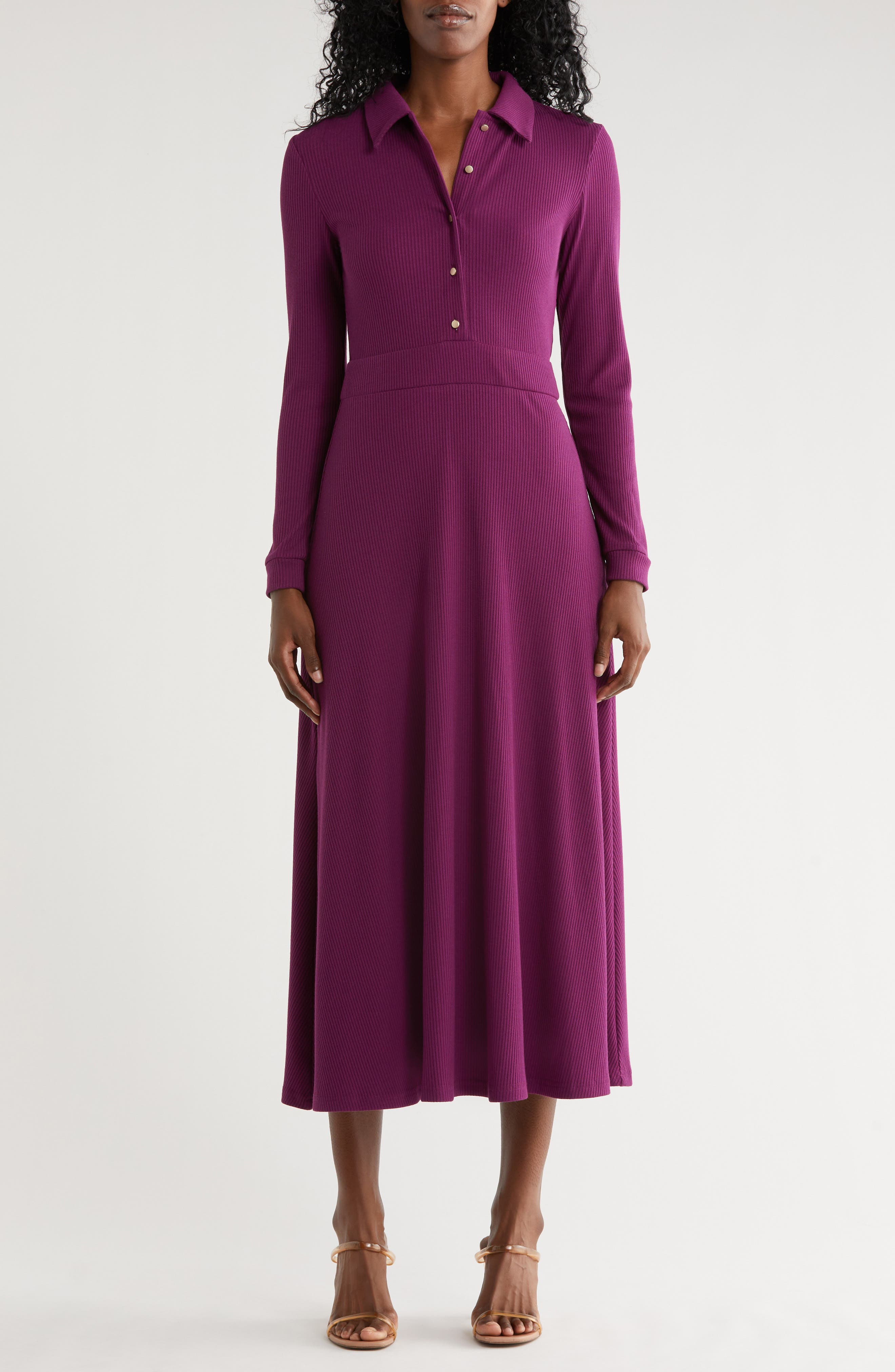 AREA STARS Raya Long Sleeve Rib Midi Dress