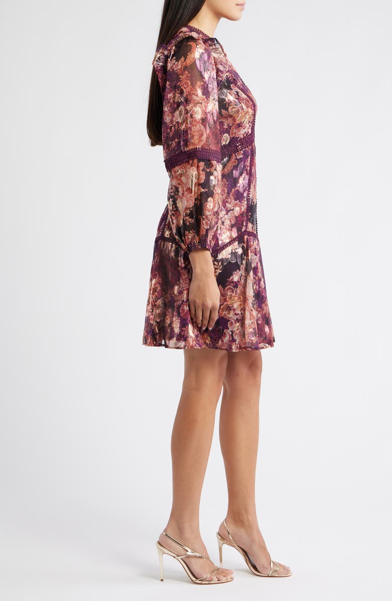 Eliza J Lace Trim Long Sleeve Trapeze Dress, Alternate, color, Wine Multi