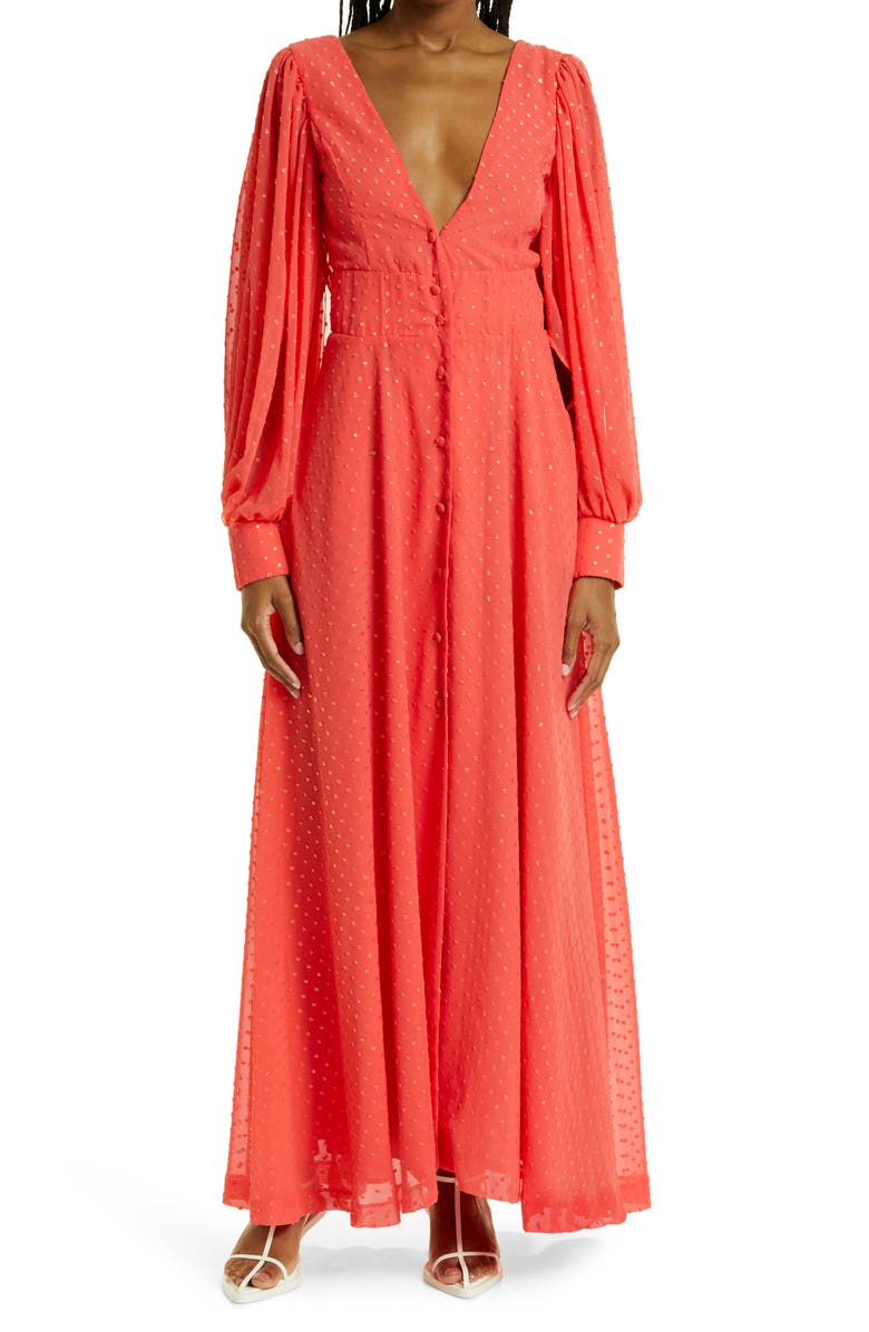 Kimberly Goldson Lesli Clip Dot Long Sleeve Maxi Dress, Main, color, Coral/ Gold Print