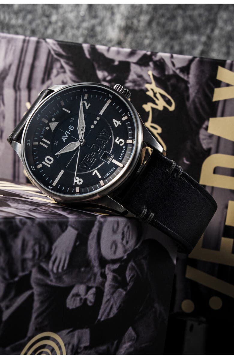 AVI-8 Hawker Hurricane Kent Leather Strap Watch, 43mm, Alternate, color, Black