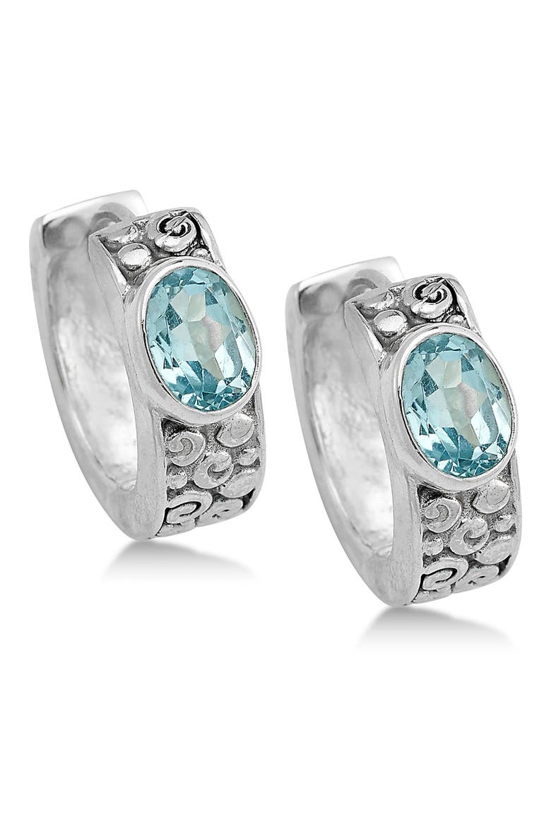 Sterling Silver Oval Cut Blue Topaz Huggie Hoop Earrings, Main, color, BLUE