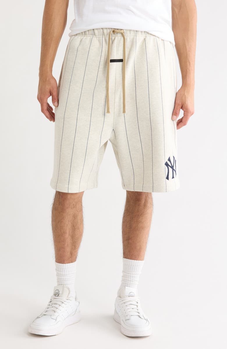 Fear of God Essentials x MLB Yankees '90s Drawstring Cotton Blend Sweat Shorts, Main, color, Oatmeal Heather/ Pinstripes