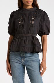 MAX STUDIO Embroidered Short Sleeve Cotton Peplum Top