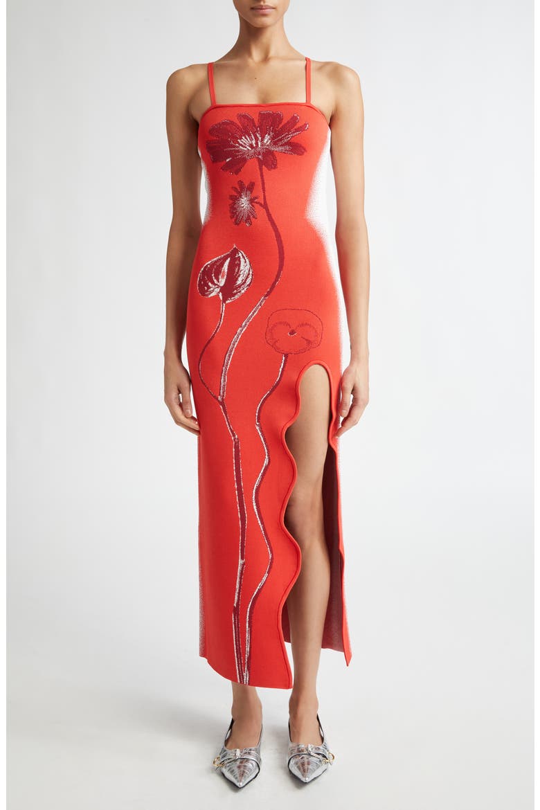 Iris Flower Jacquard Maxi Sweater Dress, Main, color, RED TULIP