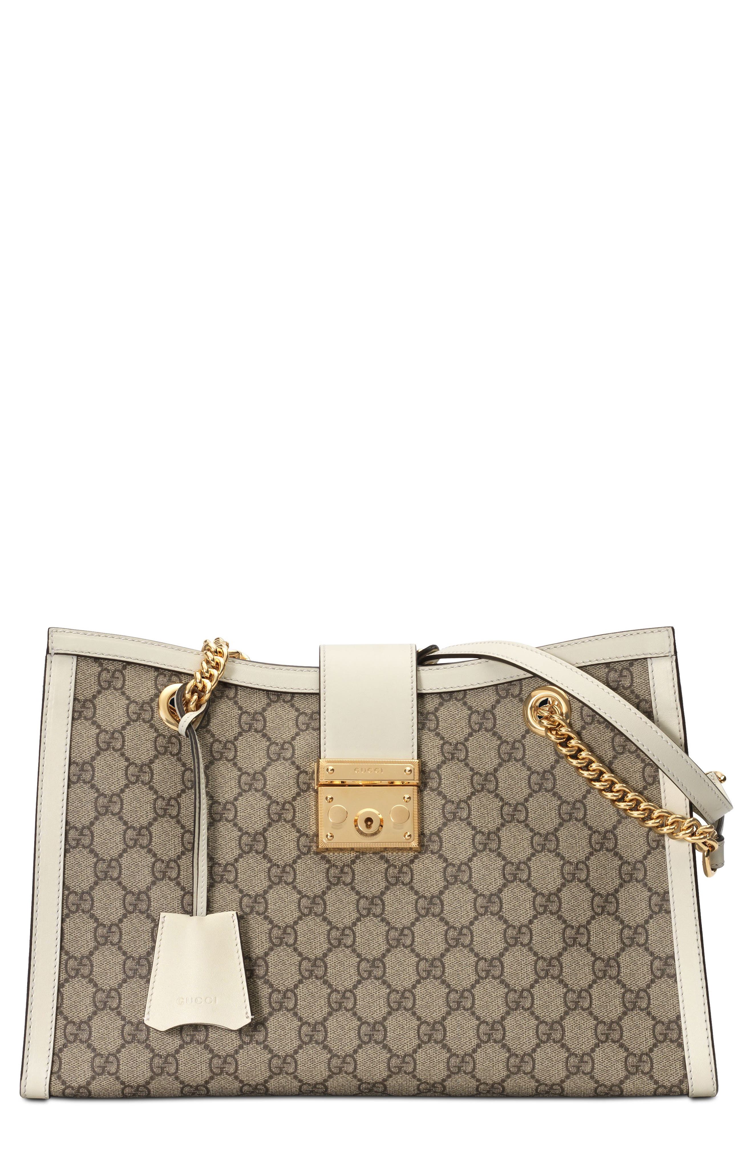 Medium Padlock GG Supreme Canvas Tote, Main, color, BEIGE EBONY/ MYSTIC WHITE