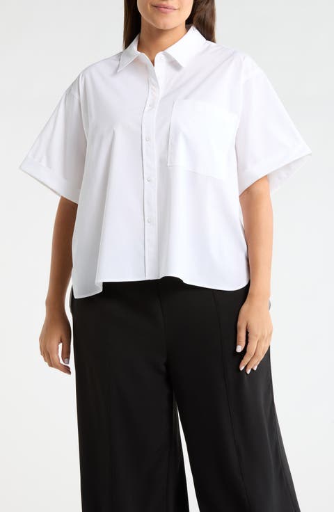 Corinna Oversize Short Sleeve Crop Button-Up Shirt (Plus)