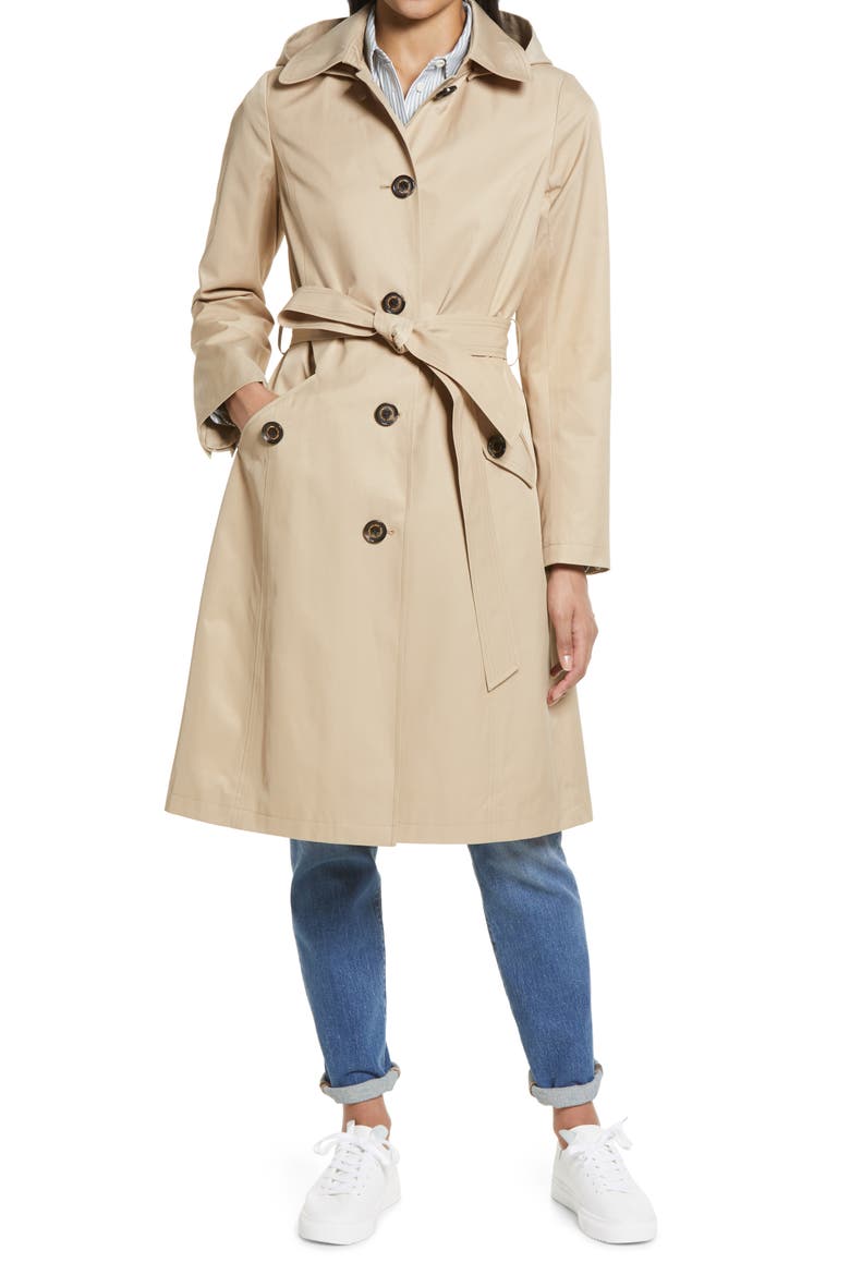 Water Repellent Belted Trench Coat with Removable Hood, Main, color, SAND