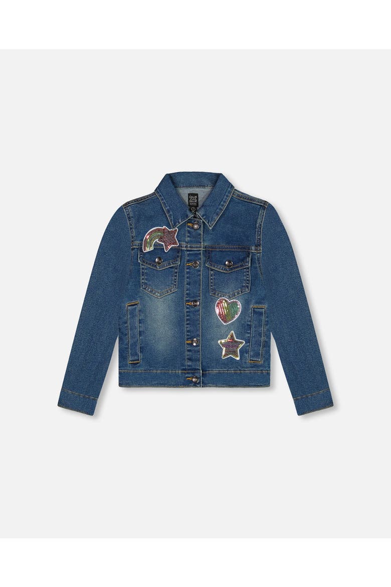 Little Girl's Denim Jacket With Embroidery Patch, Main, color, Navy Denim