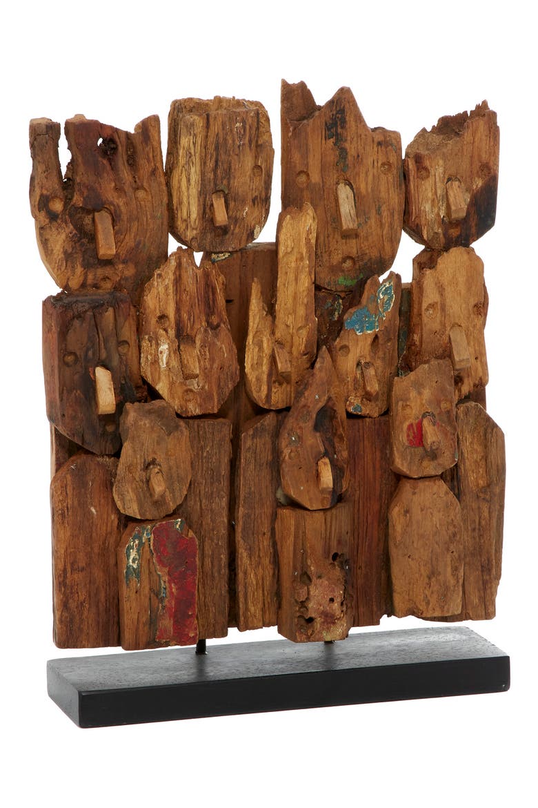 Brown Teakwood Handmade Carved Abstract Sculpture with Faces, Main, color, BROWN