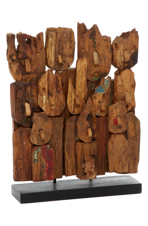 Brown Teakwood Handmade Carved Abstract Sculpture with Faces