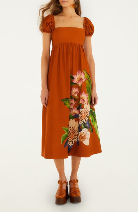 Hilo Arrangement Linen Blend Midi Dress