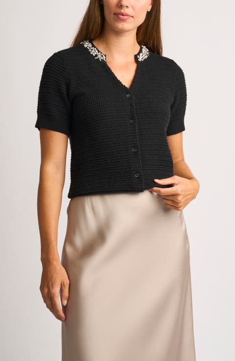 Embellished Short Sleeve Cotton Blend Cardigan