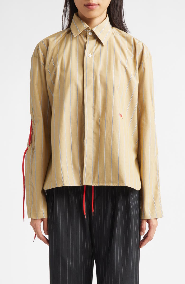 KÚR Circle Detail Stripe Organic Cotton Button-Up Shirt, Main, color, Mud Brown