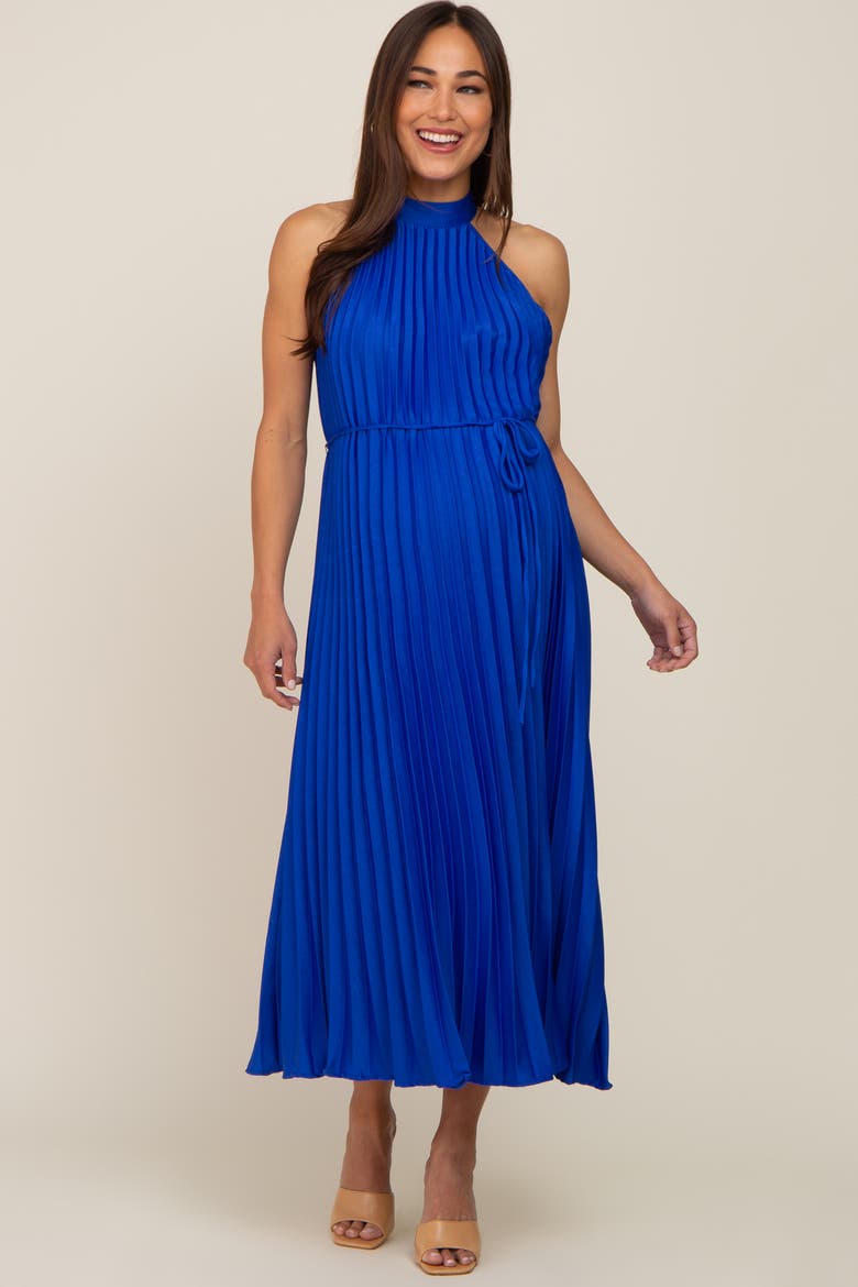 Pleated Halter Dress, Alternate, color, Royal Blue