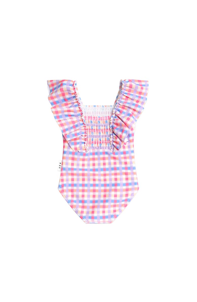 Huxbaby Shirred Frill Swimsuit Rainbow Check, Main, color, Multi