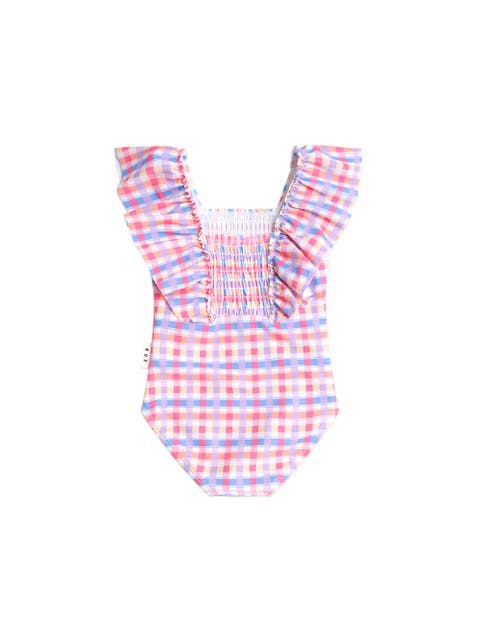 Shirred Frill Swimsuit Rainbow Check (Toddler, Little Kid, Big Kid)