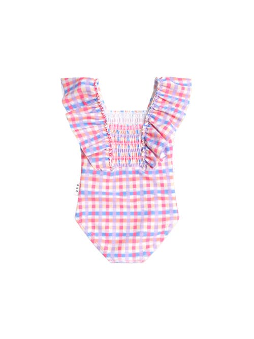 Huxbaby Shirred Frill Swimsuit Rainbow Check In Pink
