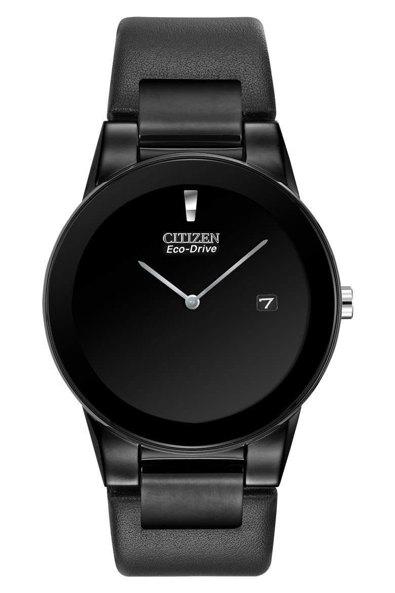 Axiom Eco-Drive Solar Leather Strap Watch, Main, color, BLACK