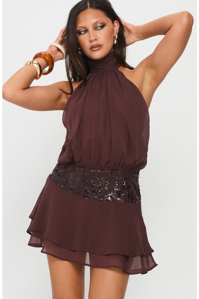 Zenayda Open Back Drop Waist Sequin Minidress, Alternate, color, BROWN