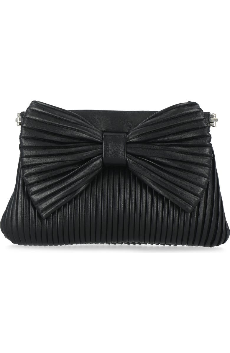 Jessica McClintock Vivienne Pleated Bow Faux Leather Clutch, Main, color, Black
