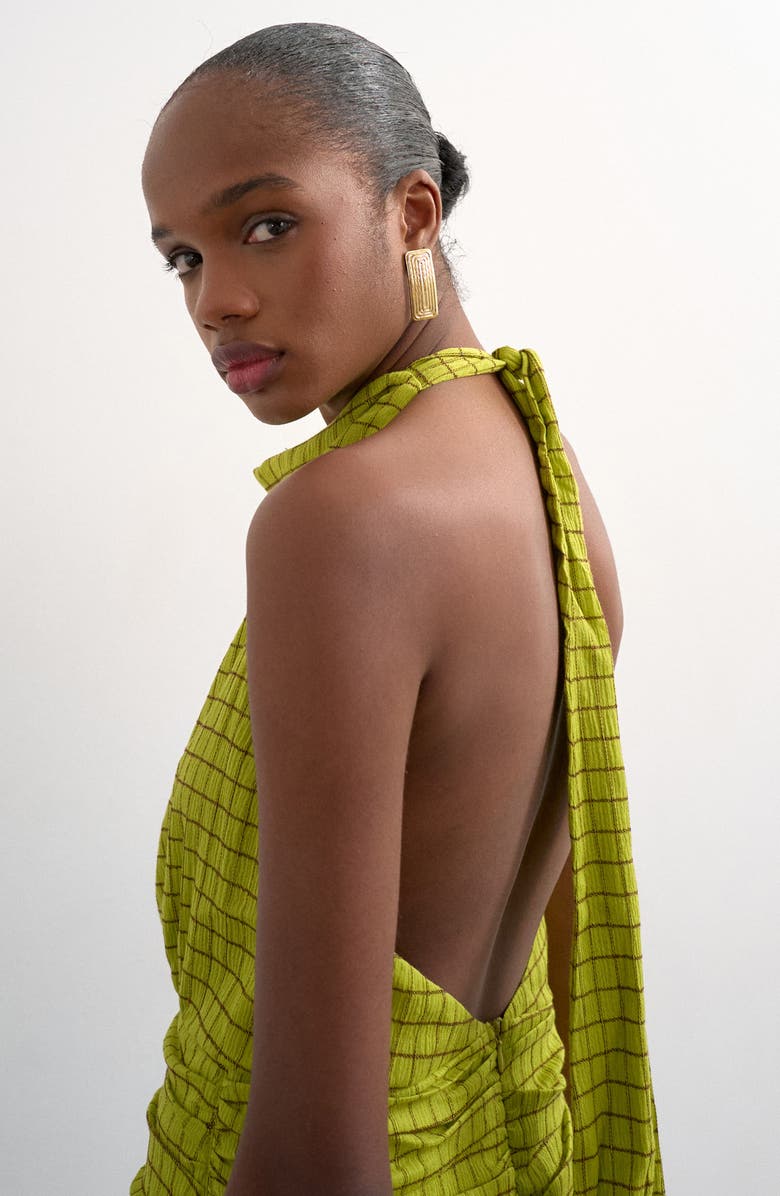 Topshop Check Print Halter Maxi Dress, Alternate, color, Green