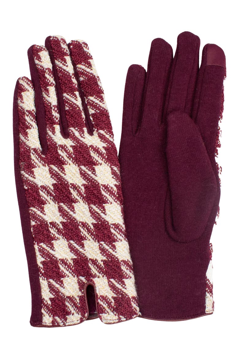Houndstooth Jersey Touchscreen Gloves, Main, color, BURGUNDY