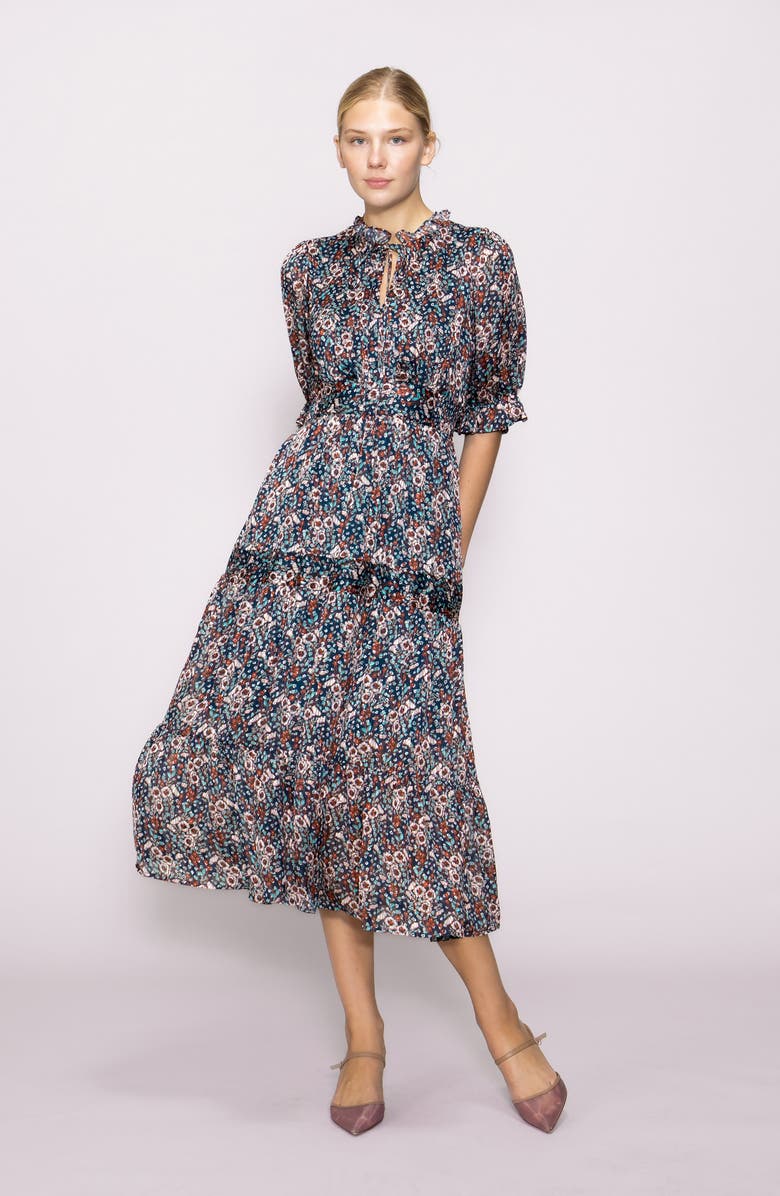 MELLODAY Floral Elbow Sleeve Tiered Midi Dress, Alternate, color, Burgundy Blue Floral