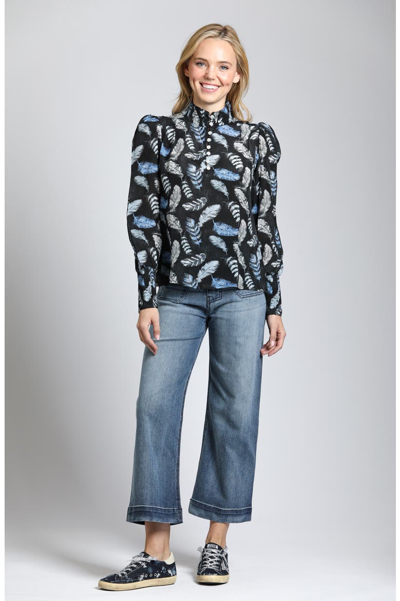 Puff Shoulder Button Front Top, Alternate, color, BLACK/BLUE MULTI