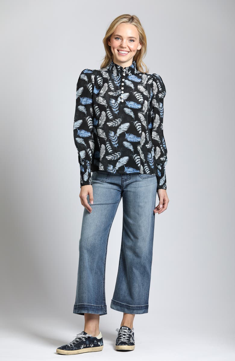 APNY Puff Shoulder Button Front Top, Alternate, color, Black/Blue Multi