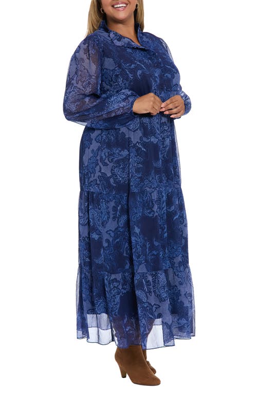 London Times Paisley Long Sleeve Tiered Chiffon Maxi Dress In Blue