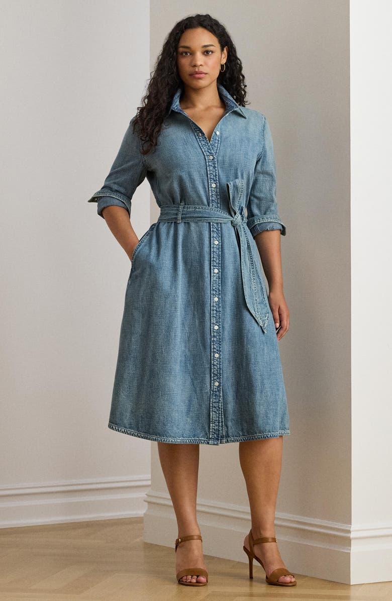 Lauren Ralph Lauren Belted Long Sleeve Denim Shirtdress, Alternate, color, Odwin Wash