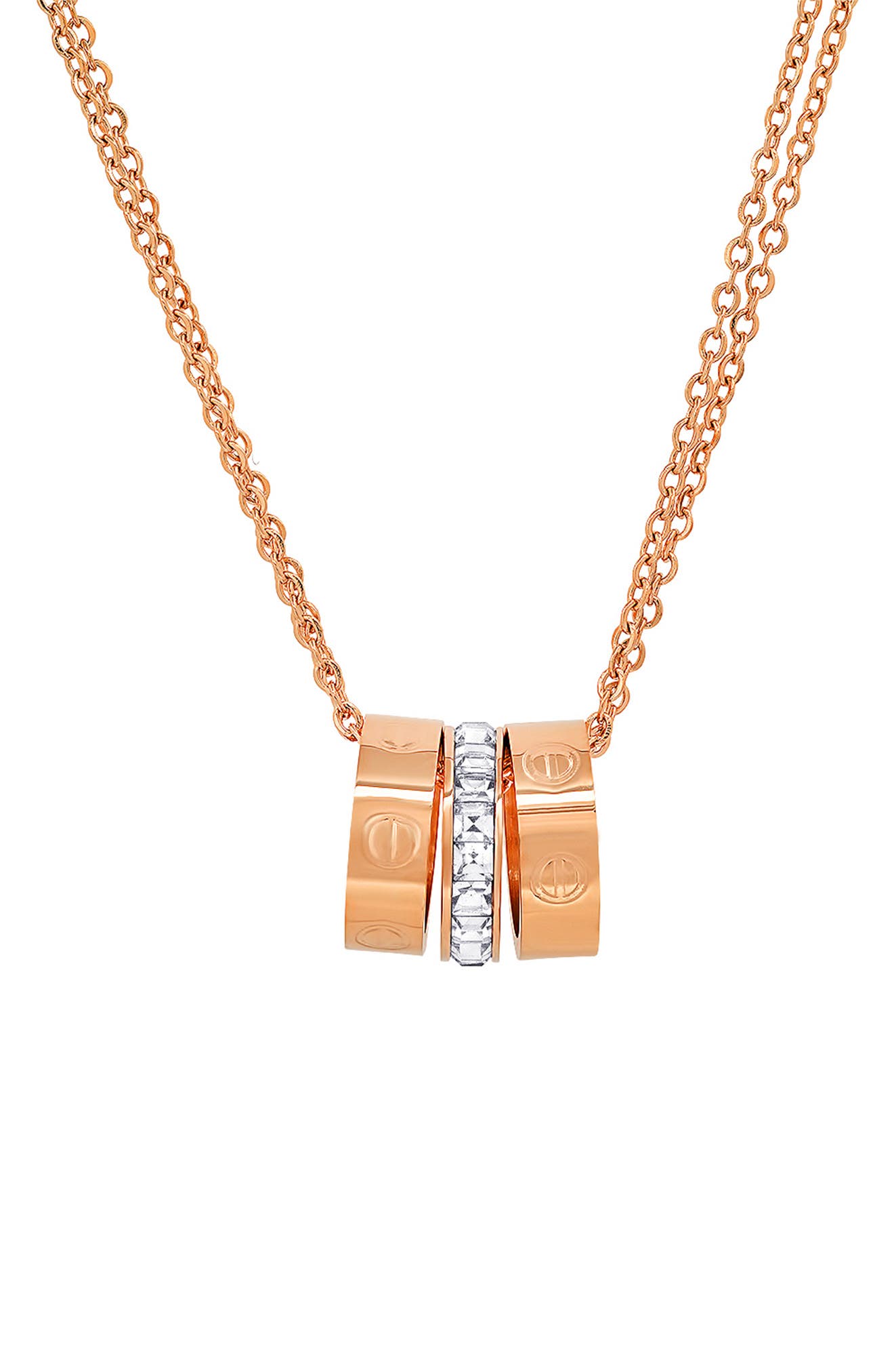 HMY JEWELRY 18K Rose Gold Vermeil Simulated Diamond 3-Ring Necklace