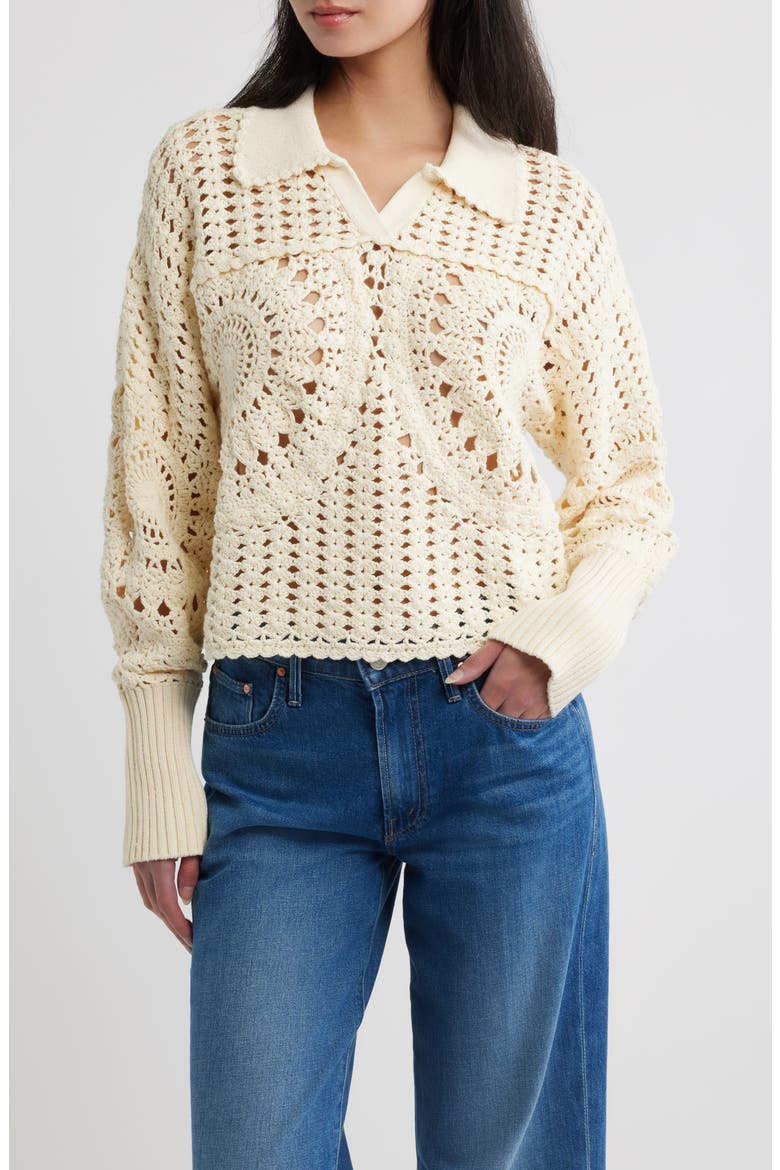 Crochet Cotton Johnny Collar Polo Sweater, Main, color, OFF-WHITE