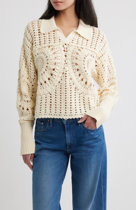 Crochet Cotton Johnny Collar Polo Sweater