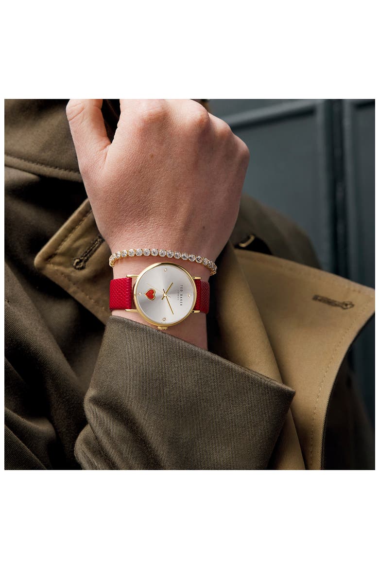 Phylipa Leather Strap Watch & Bracelet Set, 34mm, Alternate, color, YELLOW GOLD/ SILVER/ RED